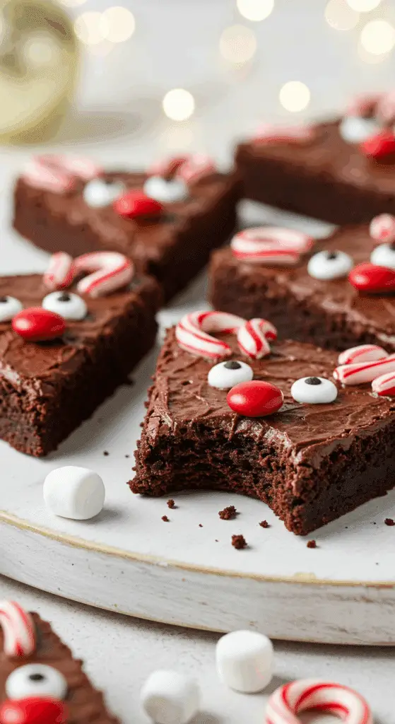 A beautiful, rustic platter of homemade, festive, and cute Christmas Reindeer Brownies, with a fudgy brownie base, candy cane antlers, and a red M&M nose.