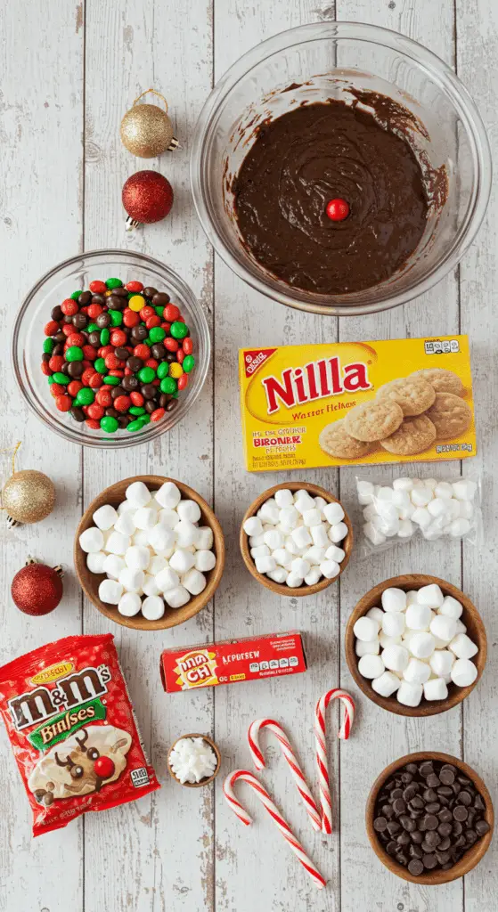 The simple, from-scratch ingredients and the fun, festive decorating components for the easy and festive Christmas Reindeer Brownies.