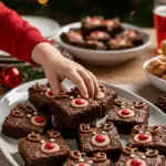 A large platter of homemade, cute, and festive Christmas Reindeer Brownies being served at a fun and casual Christmas party.
