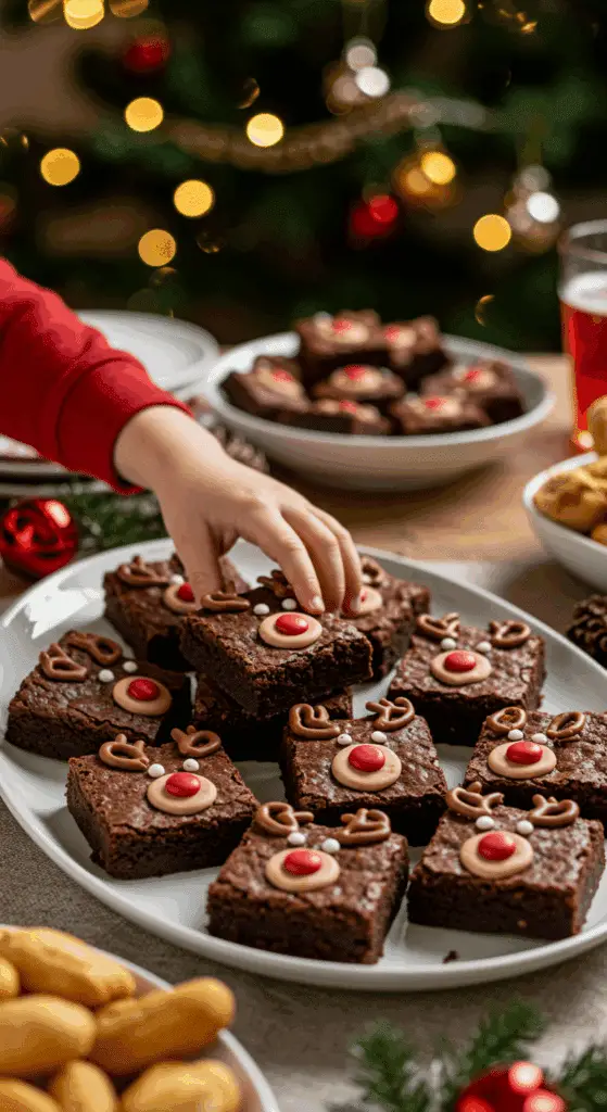 A large platter of homemade, cute, and festive Christmas Reindeer Brownies being served at a fun and casual Christmas party.