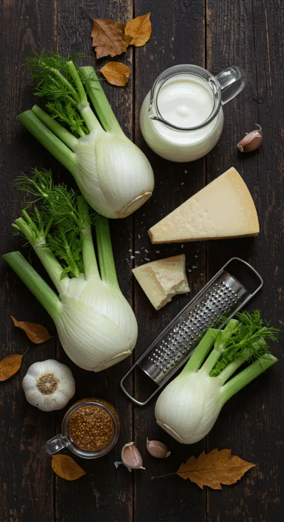 The simple, from-scratch ingredients for the classic and impressive Holiday Fennel Gratin.