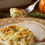 A beautiful plate of a homemade, elegant, and creamy Fennel Gratin, being served with a thick slice of a roasted turkey at a Thanksgiving dinner.