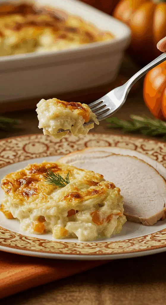 A beautiful plate of a homemade, elegant, and creamy Fennel Gratin, being served with a thick slice of a roasted turkey at a Thanksgiving dinner.