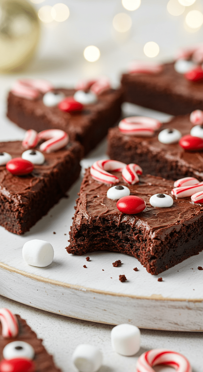A beautiful, rustic platter of homemade, festive, and cute Christmas Reindeer Brownies, with a fudgy brownie base, candy cane antlers, and a red M&M nose.