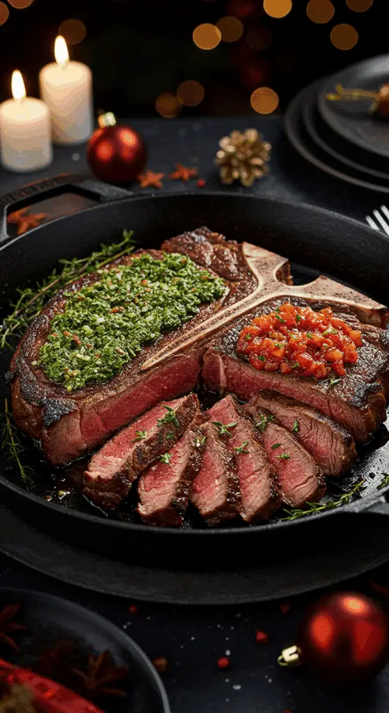 A beautiful, rustic cast-iron skillet with a homemade, impressive, and juicy "Christmas" Porterhouse Steak, with a perfect rosy-pink interior and a festive red and green sauce topping.