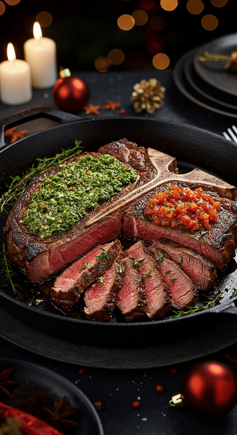 A beautiful, rustic cast-iron skillet with a homemade, impressive, and juicy "Christmas" Porterhouse Steak, with a perfect rosy-pink interior and a festive red and green sauce topping.