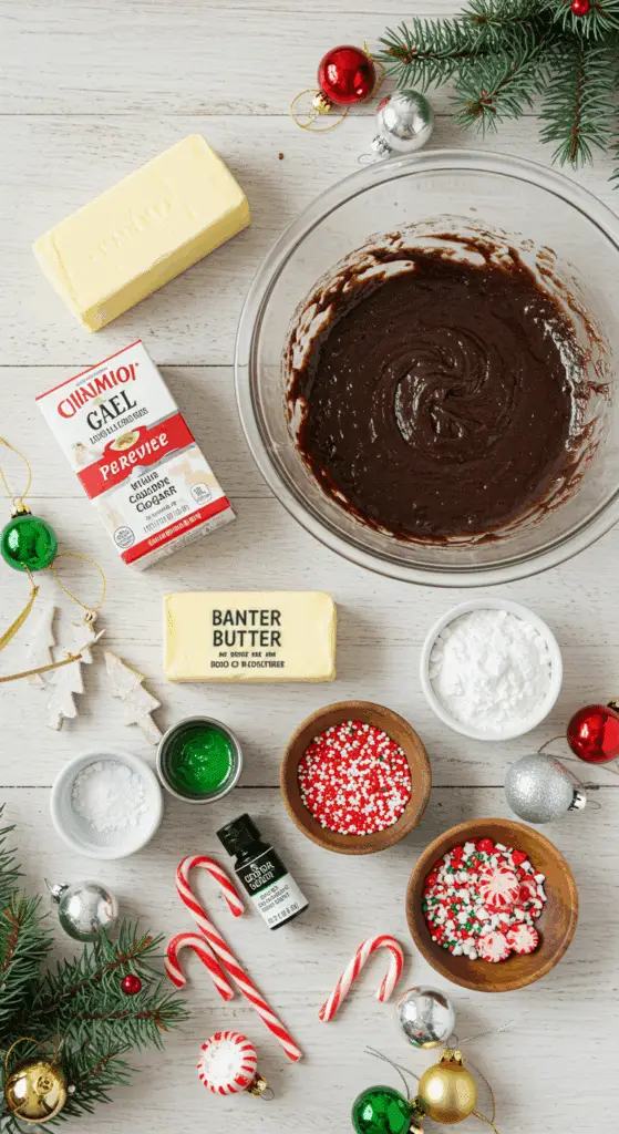 The simple, from-scratch ingredients for the easy and festive Christmas Tree Brownies.
