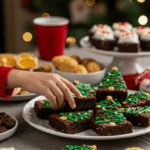 A large platter of homemade, cute, and festive Christmas Tree Brownies being served at a fun and casual Christmas party.