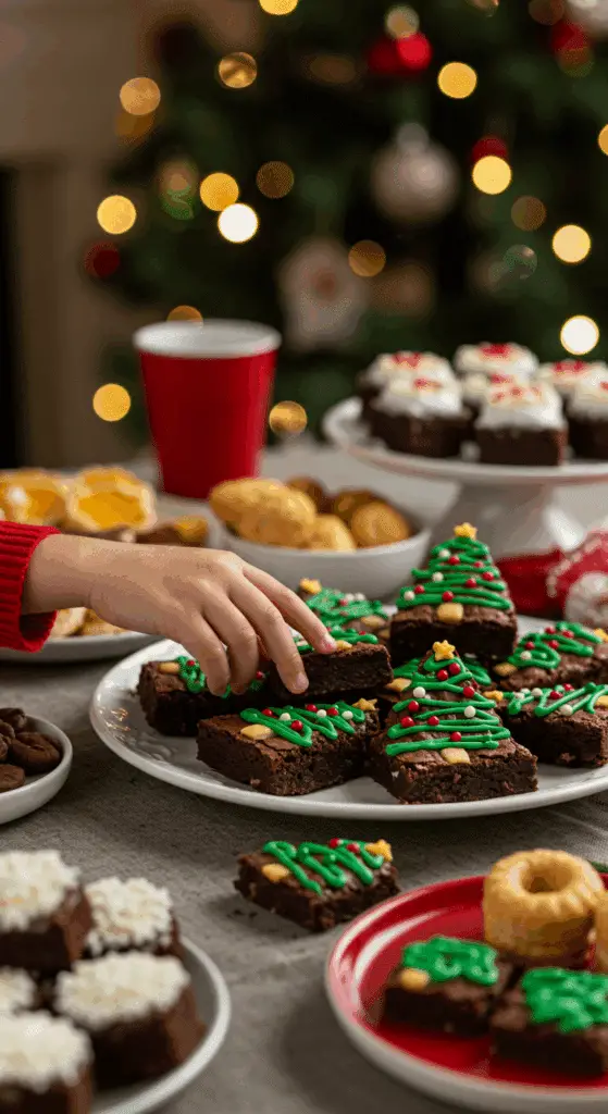 A large platter of homemade, cute, and festive Christmas Tree Brownies being served at a fun and casual Christmas party.