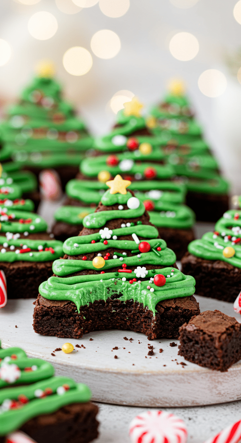 A beautiful, rustic platter of homemade, festive, and cute Christmas Tree Brownies, with a fudgy brownie base, a green piped frosting garland, and a candy cane trunk.