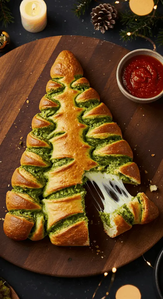 A beautiful, overhead shot of a homemade, festive, and golden-brown Christmas Tree Pesto Breadstick, with a single, cheesy branch being pulled away to create an epic cheese pull.
