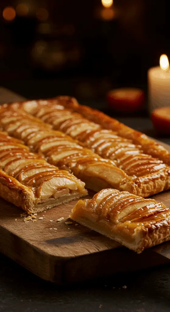 A beautiful, rustic serving board with a homemade, golden-brown Classic French Apple Tart, with a flaky crust and a glossy, fanned-out apple topping.