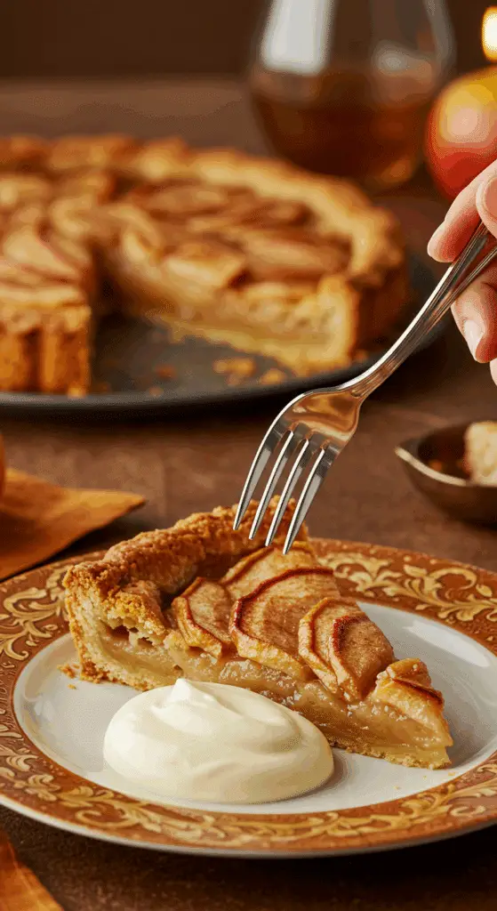 A beautiful plate of a homemade, elegant, and flaky slice of a French Apple Tart, being served with a large dollop of crème fraîche at a Thanksgiving dinner.