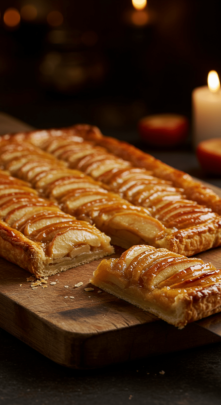 A beautiful, rustic serving board with a homemade, golden-brown Classic French Apple Tart, with a flaky crust and a glossy, fanned-out apple topping.