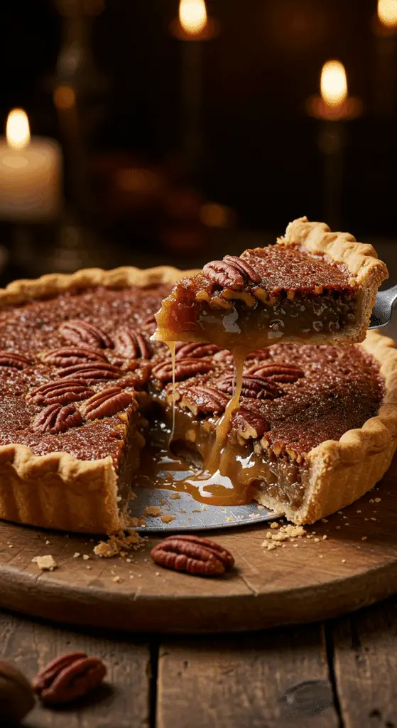A beautiful, rustic table with a homemade, golden-brown Classic Pecan Pie, with a flaky crust and a perfect, tall slice cut out to show the gooey, set filling.