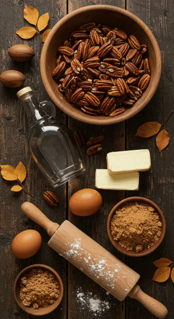 The simple, from-scratch ingredients for the classic and impressive Holiday Pecan Pie.