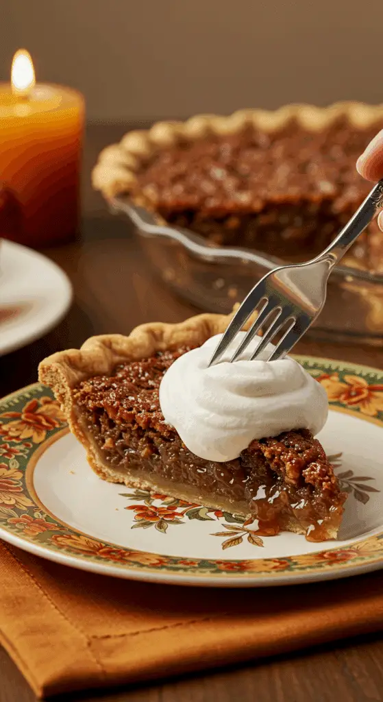 A beautiful plate of a homemade, elegant, and flaky slice of a Pecan Pie, being served with a large dollop of whipped cream at a Thanksgiving dinner.
