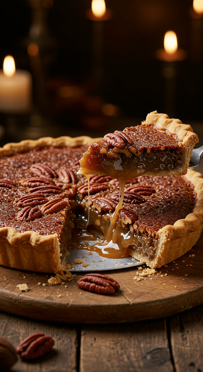 A beautiful, rustic table with a homemade, golden-brown Classic Pecan Pie, with a flaky crust and a perfect, tall slice cut out to show the gooey, set filling.