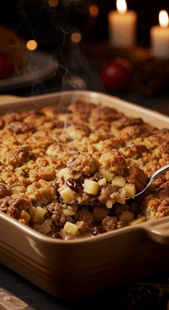 A beautiful, rustic baking dish of homemade, easy, and from-scratch Sausage and Apple Stuffing, with a golden-brown, crispy top and a moist, chunky interior.