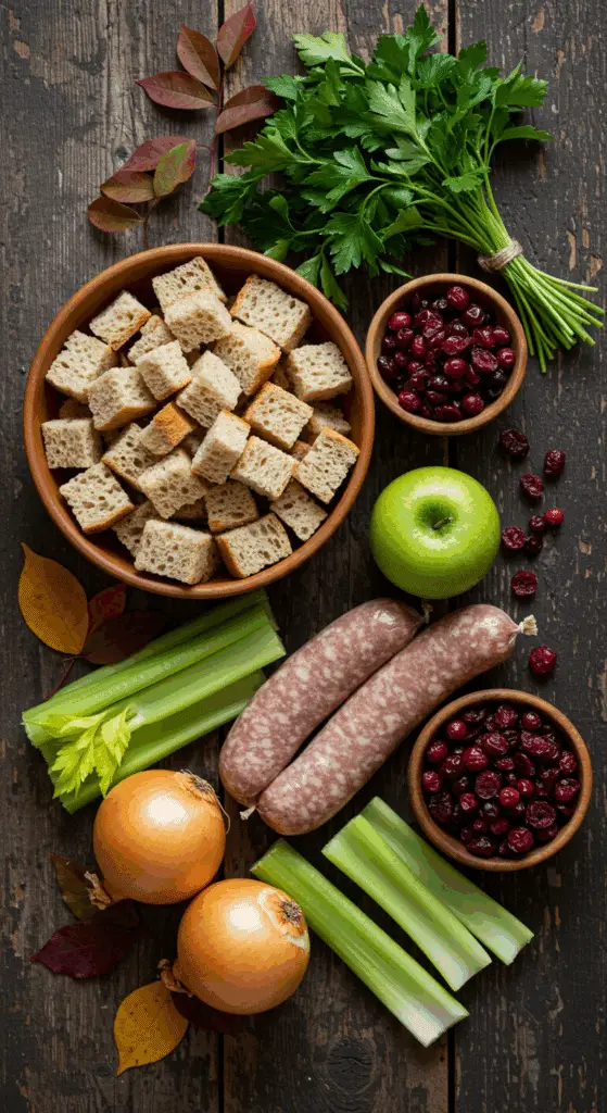 The simple, from-scratch ingredients for the classic and impressive Holiday Sausage and Apple Stuffing.