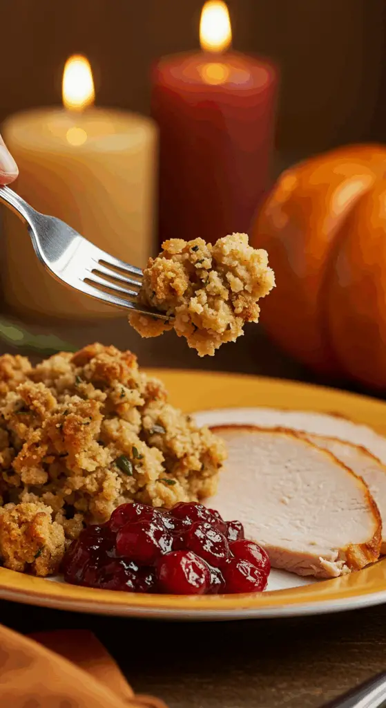 A beautiful plate of a homemade, elegant, and crispy-topped Sausage and Apple Stuffing, being served with a thick slice of a roasted turkey at a Thanksgiving dinner.