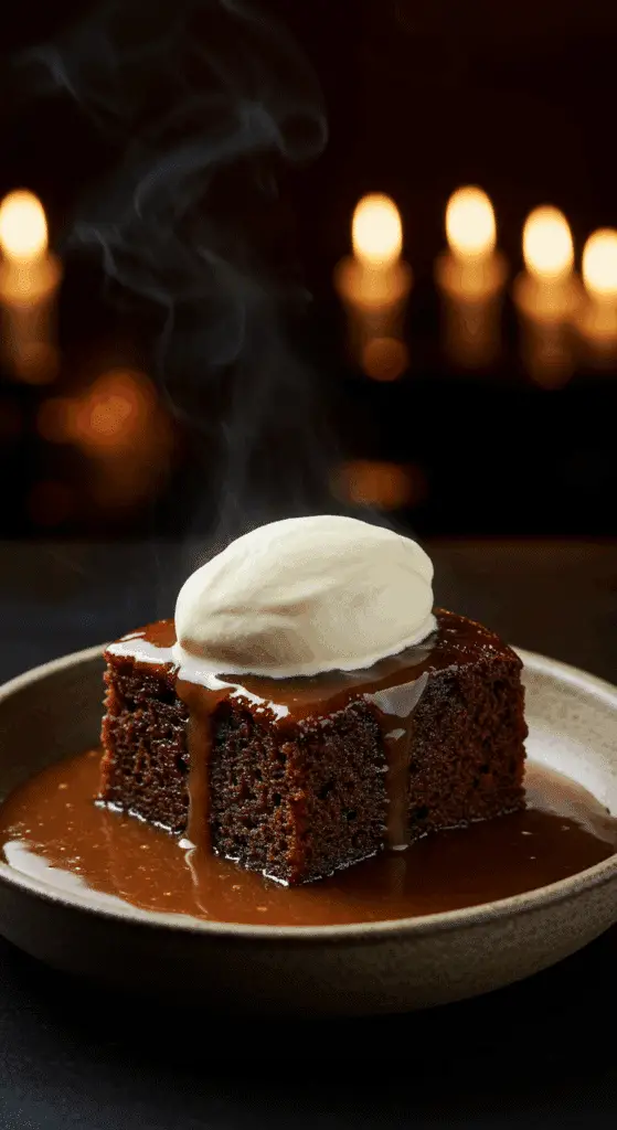 A beautiful, rustic bowl with a homemade, moist, and dark square of Sticky Toffee Pudding, sitting in a generous pool of a glossy toffee sauce and topped with a dollop of cream.