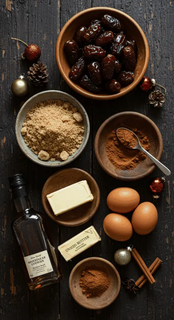 The simple, from-scratch ingredients for the classic and moist Sticky Toffee Pudding recipe.