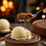 A cozy bowl of homemade, warm Sticky Toffee Pudding served with a large, melting scoop of vanilla bean ice cream at a family holiday gathering.