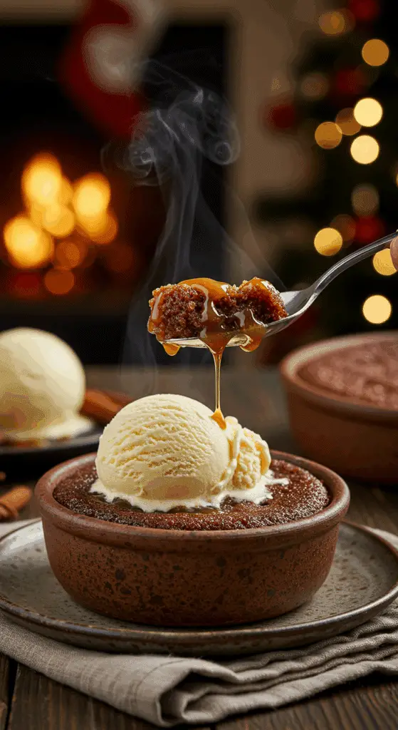 A cozy bowl of homemade, warm Sticky Toffee Pudding served with a large, melting scoop of vanilla bean ice cream at a family holiday gathering.