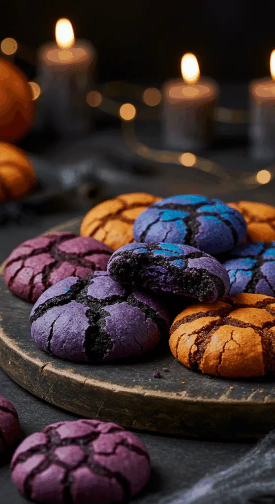 A beautiful, rustic platter of homemade, spooky, and dark Black Cocoa Crinkle Cookies, with a vibrant, colorful purple and orange crackled sugar topping.