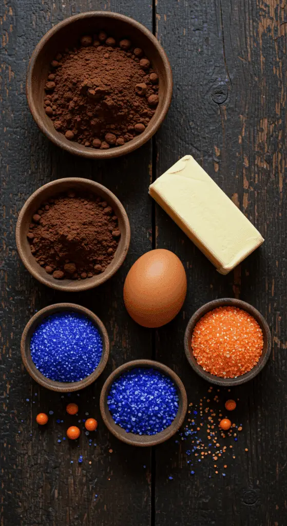 The simple, from-scratch ingredients for the easy and spooky Black Cocoa Crinkle Cookies recipe.