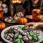 A large platter of homemade, spooky, and colorful Black Cocoa Crinkle Cookies being served at a fun and casual Halloween party.