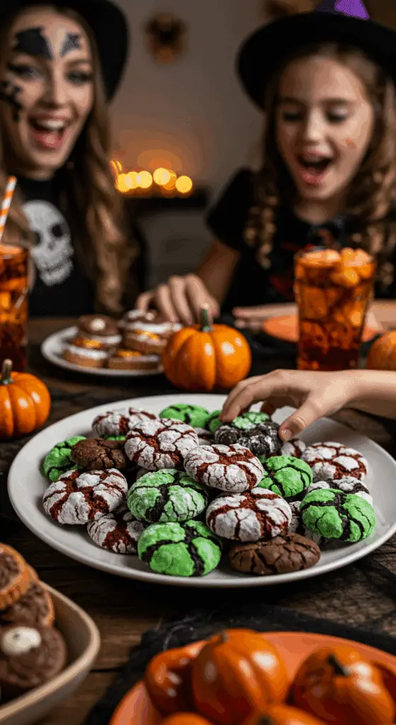 A large platter of homemade, spooky, and colorful Black Cocoa Crinkle Cookies being served at a fun and casual Halloween party.