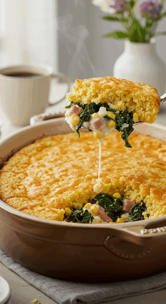 A beautiful, rustic oval baking dish of a homemade, golden-brown Cornbread Breakfast Casserole, with a creamy, cheesy, and hearty scoop being lifted out.