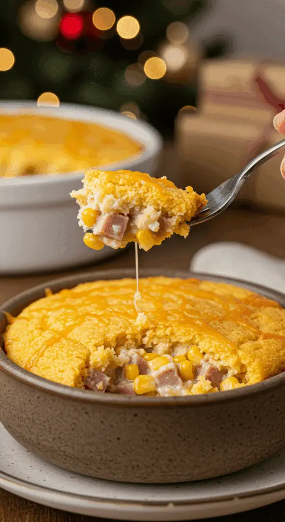 A cozy bowl of homemade, creamy, and cheesy-topped Cornbread Breakfast Casserole being served for a family holiday breakfast.