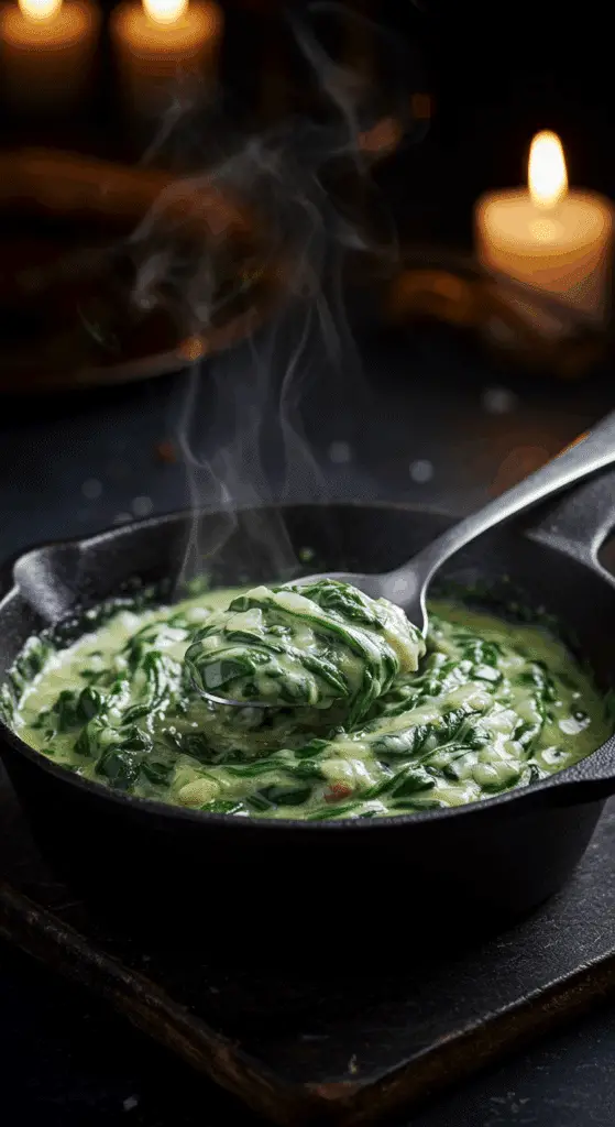 A beautiful, rustic cast-iron skillet of homemade, rich, and creamy Classic Creamed Spinach, with steam gently rising.