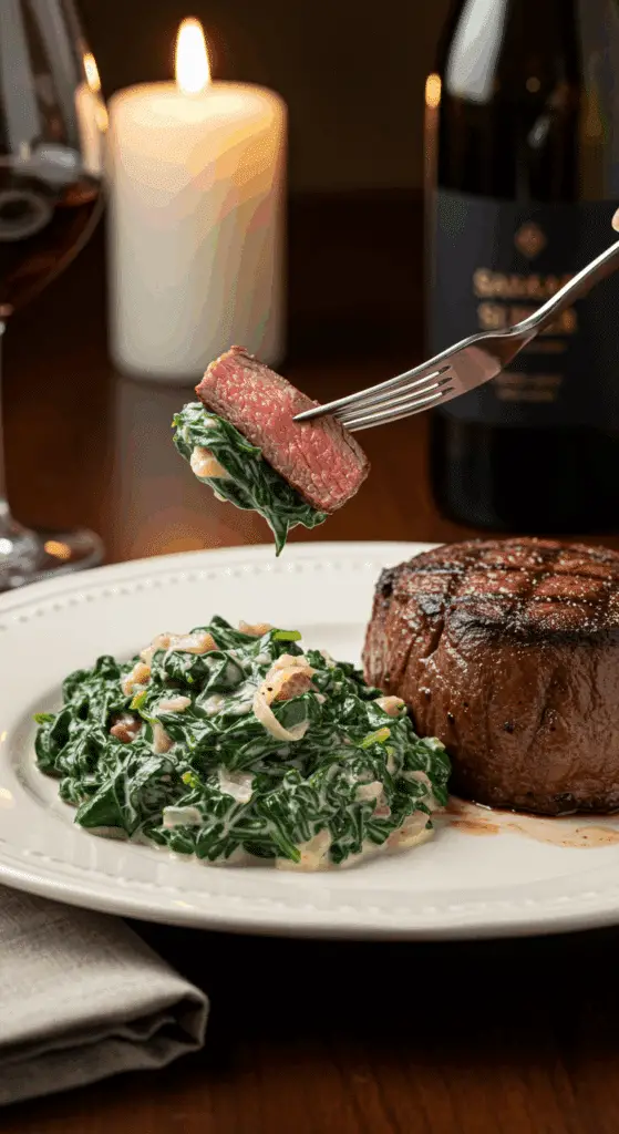 A beautiful plate of a homemade, rich and creamy Creamed Spinach, served with a thick-cut, medium-rare filet mignon steak at a sophisticated, candlelit dinner.