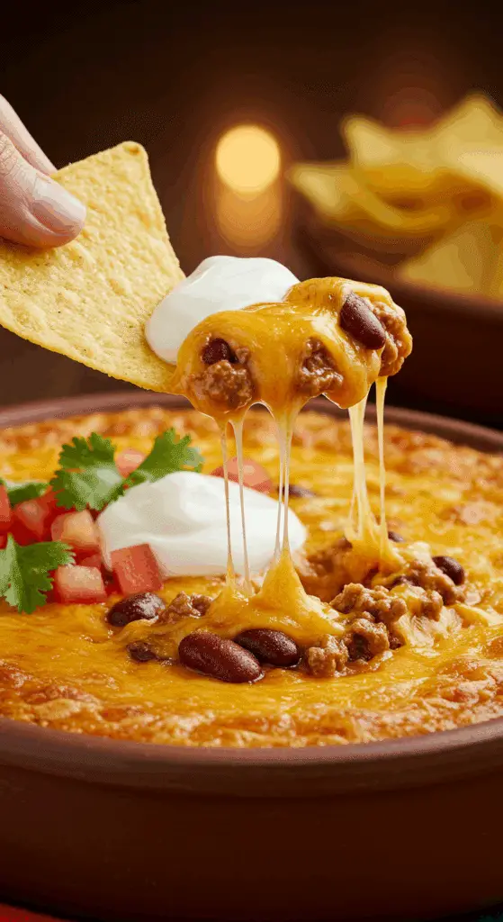 A beautiful, rustic bowl of homemade, creamy, and cheesy Creamed Tacos, with a large tortilla chip being dipped into the thick, golden-orange ground beef and bean dip.