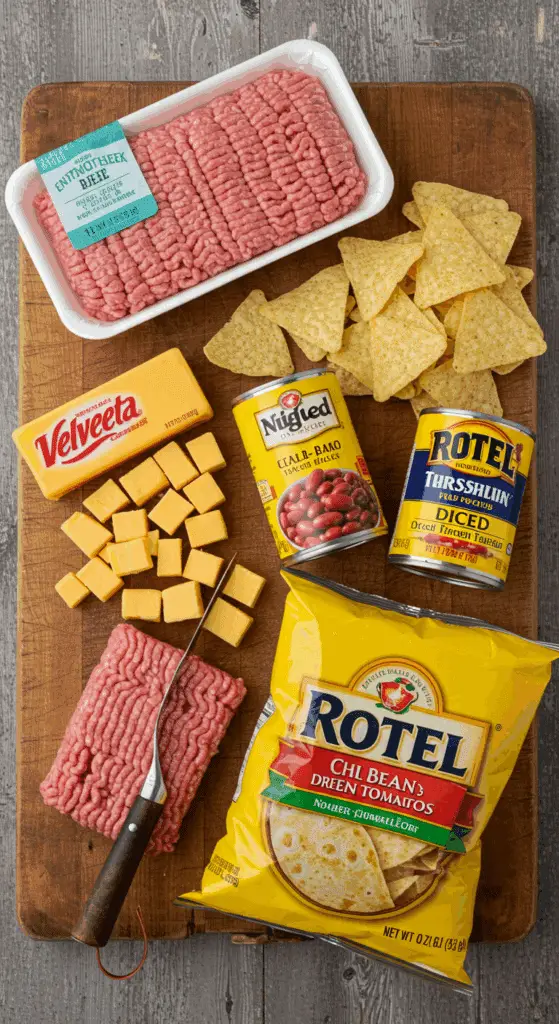 The simple, shortcut ingredients for the classic and easy Creamed Tacos (Chili Cheese Dip) recipe.