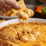 A large bowl of homemade, cheesy Creamed Tacos being served as a dip with tortilla chips at a fun and casual game day party.