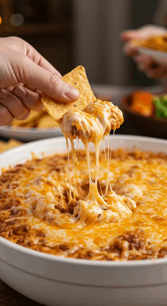 A large bowl of homemade, cheesy Creamed Tacos being served as a dip with tortilla chips at a fun and casual game day party.