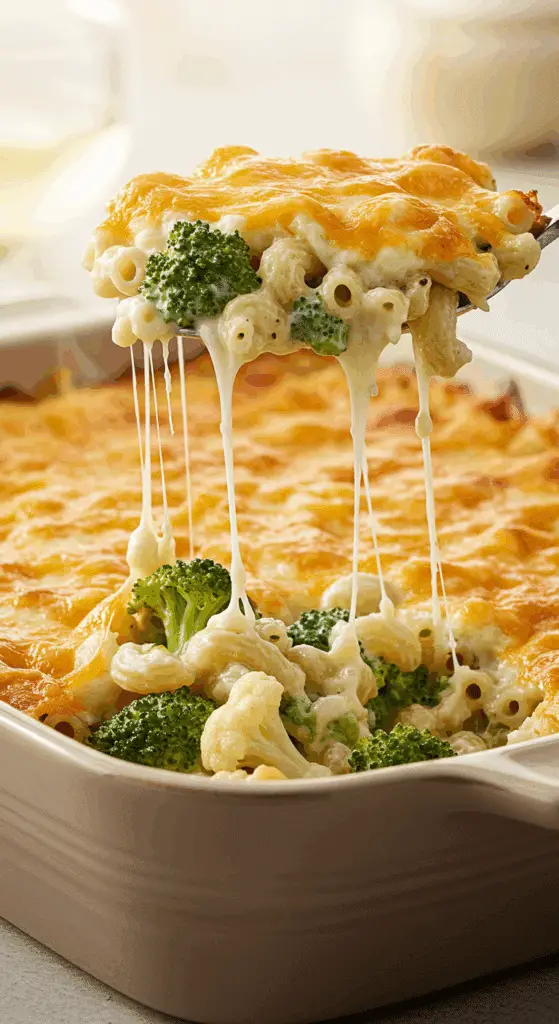 A beautiful, golden-brown homemade Broccoli Cheddar Mac and Cheese in a baking dish with a cheesy, colorful, and hearty scoop being lifted out to show a cheese pull.