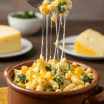 A cozy bowl of homemade, creamy, and cheesy Broccoli Cheddar Mac and Cheese being served for a family dinner.