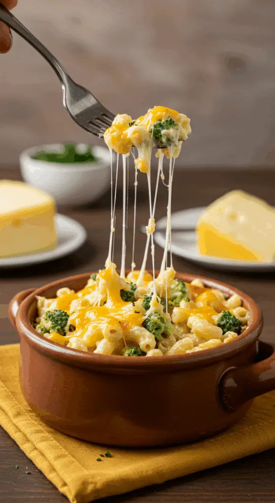 A cozy bowl of homemade, creamy, and cheesy Broccoli Cheddar Mac and Cheese being served for a family dinner.