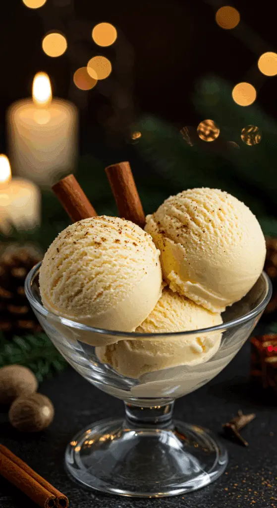 A beautiful, festive glass dish with two creamy scoops of homemade Eggnog Ice Cream, garnished with freshly grated nutmeg and a cinnamon stick.
