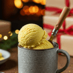 A cozy mug with a homemade, creamy scoop of Eggnog Ice Cream, being enjoyed next to a fireplace at Christmas.