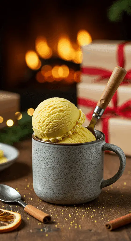 A cozy mug with a homemade, creamy scoop of Eggnog Ice Cream, being enjoyed next to a fireplace at Christmas.