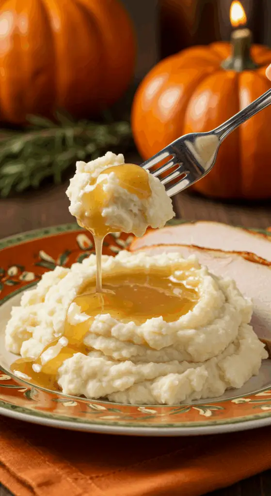 A beautiful plate of a homemade, elegant, and silky-smooth Mashed Potatoes, being served with a thick slice of a roasted turkey and gravy at a Thanksgiving dinner.