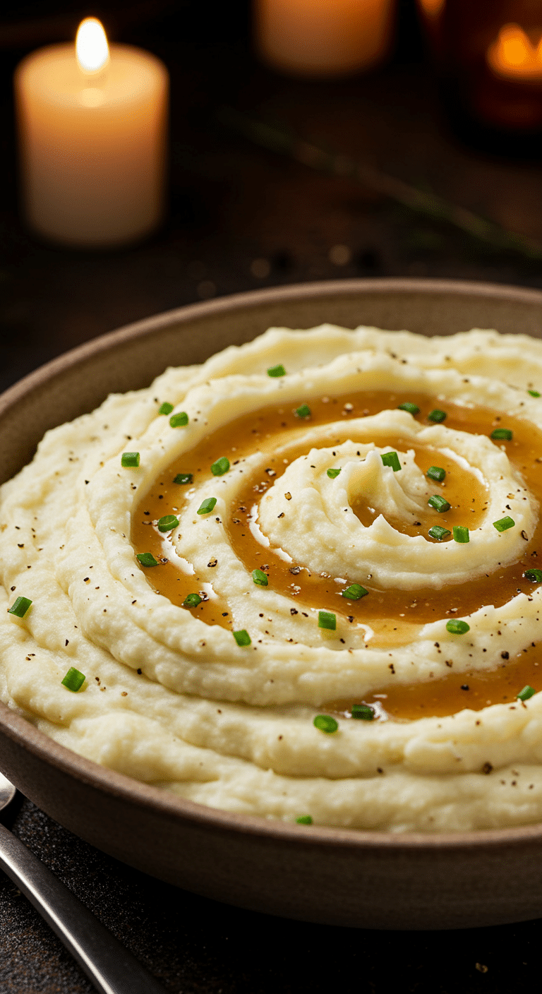 A beautiful, rustic serving bowl of homemade, easy, and elegant Creamy Mashed Potatoes, with a silky-smooth texture, melting pats of butter, a pool of gravy, and fresh chives.