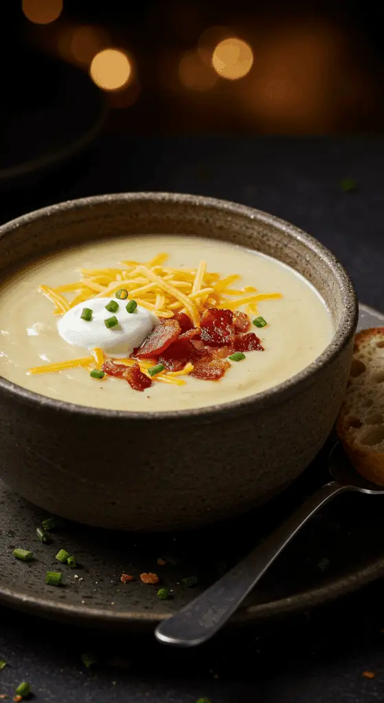 A beautiful, rustic bowl of homemade, creamy, and healthy Potato Soup, "loaded" with a generous topping of shredded cheese, bacon bits, and chives.